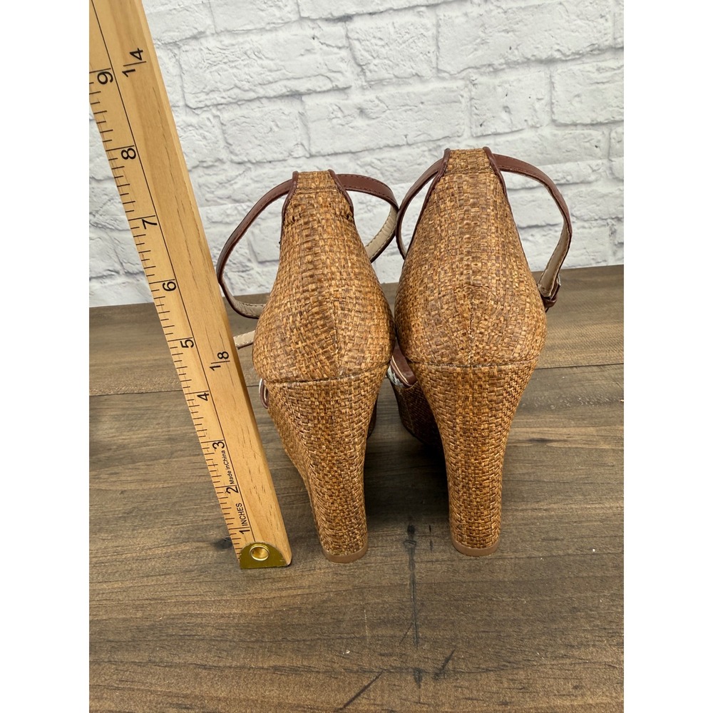 White House Black Market Raffia Wedge Heels Womens 7.5 Brown White Sandals Boho - Picture 13 of 13